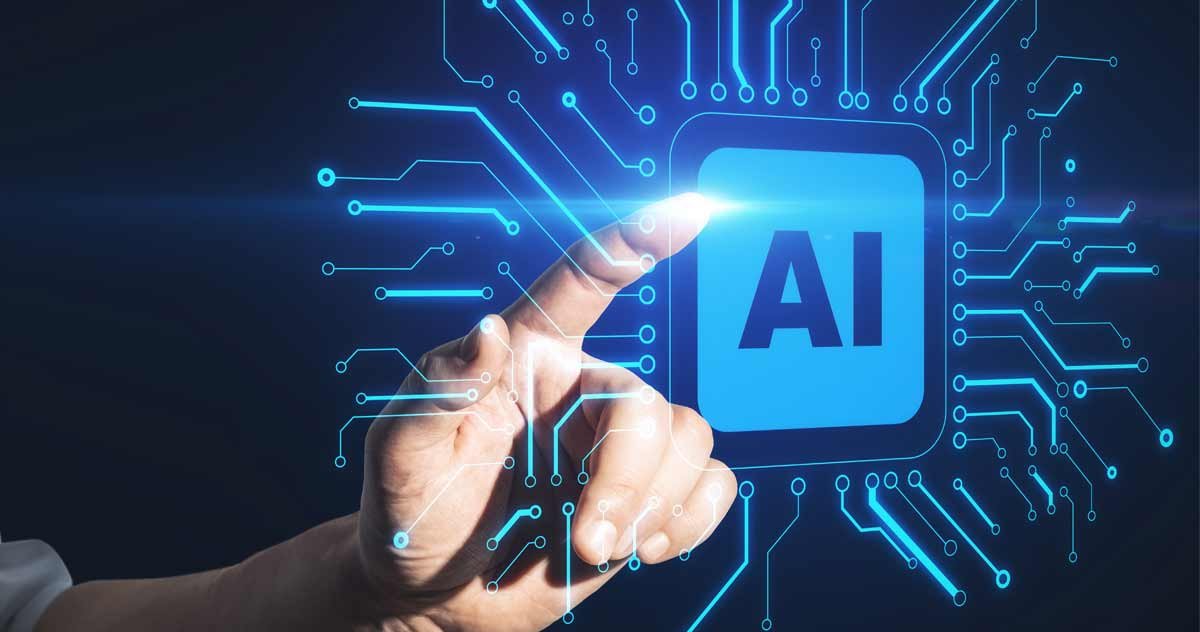 Finger touching floating digital AI graphic